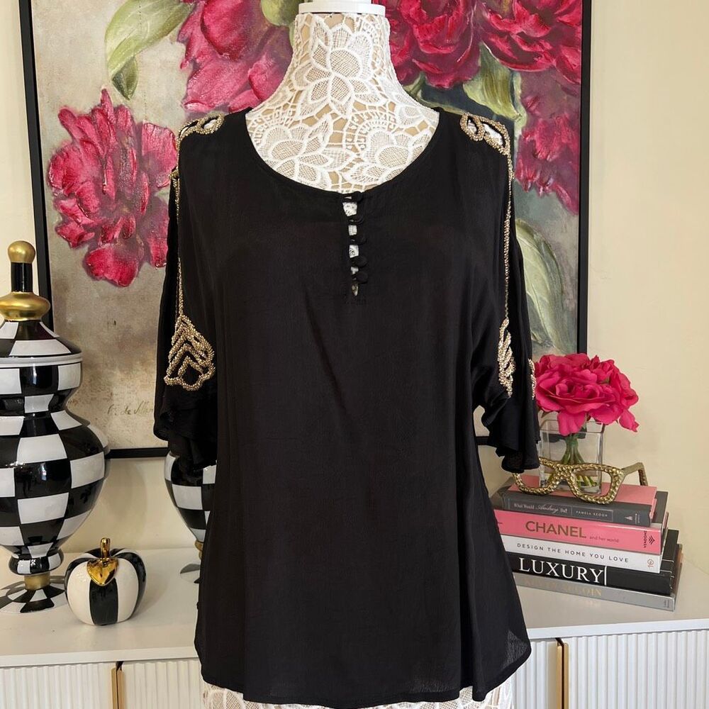 Gianni Bini Women's Gold Sequin 3/4 Bell Sleeves Blouse Black Size Small NWT